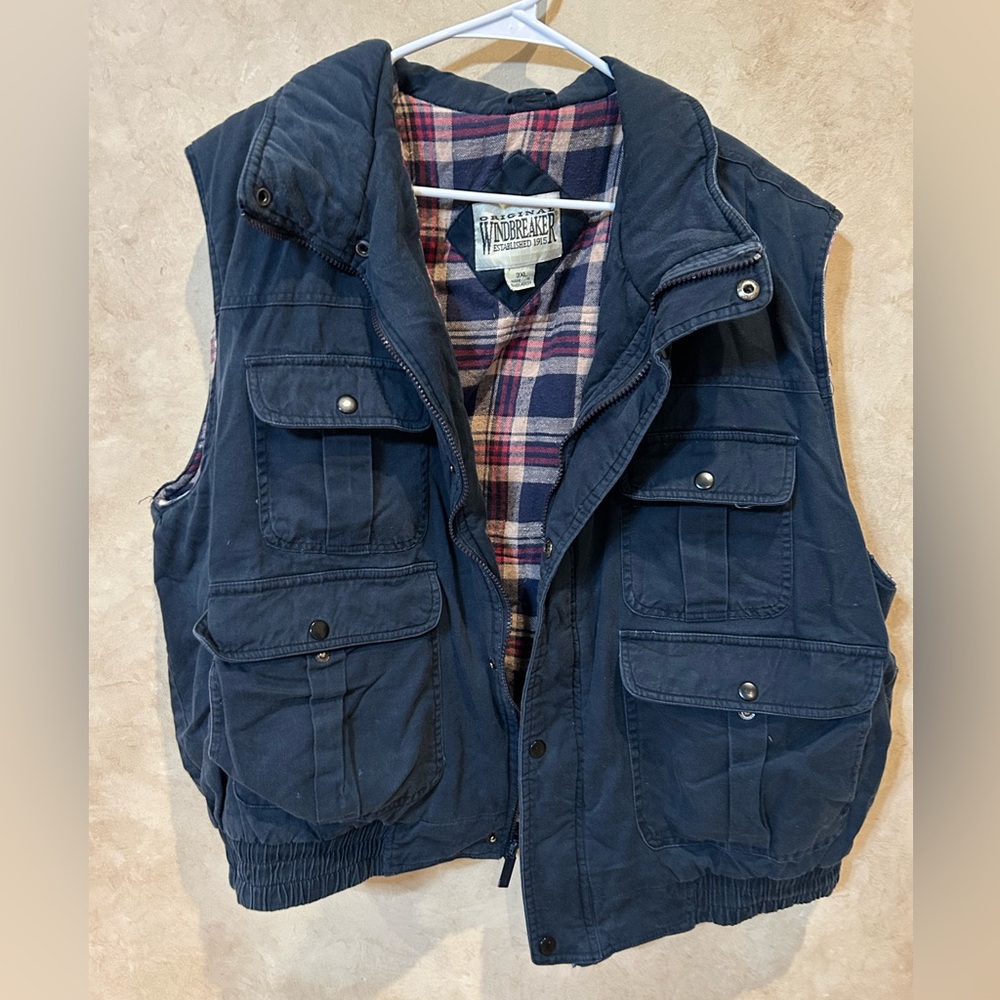 Men's Navy Blue flannel lined cargo Vest king size 3x 1980s vintage